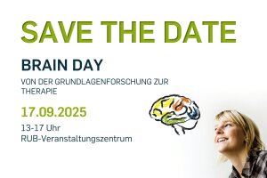 Visual des Brain Day 2025. In der unteren rechten Ecke ist eine Frau zu sehen, die zu einem illustrierten Gehirn aufschaut. Außerdem befinden sich auf dem Bild Informationen zum Brain Day 2025: Die Veranstaltung findet am 17. September 2025 von 13:00 bis 17:00 Uhr im Veranstaltungszentrum statt.
